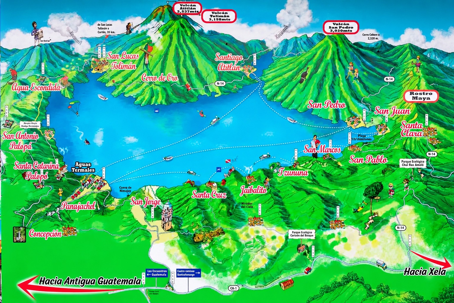 Wide view of Lake Atitlán and surrounding volcanoes