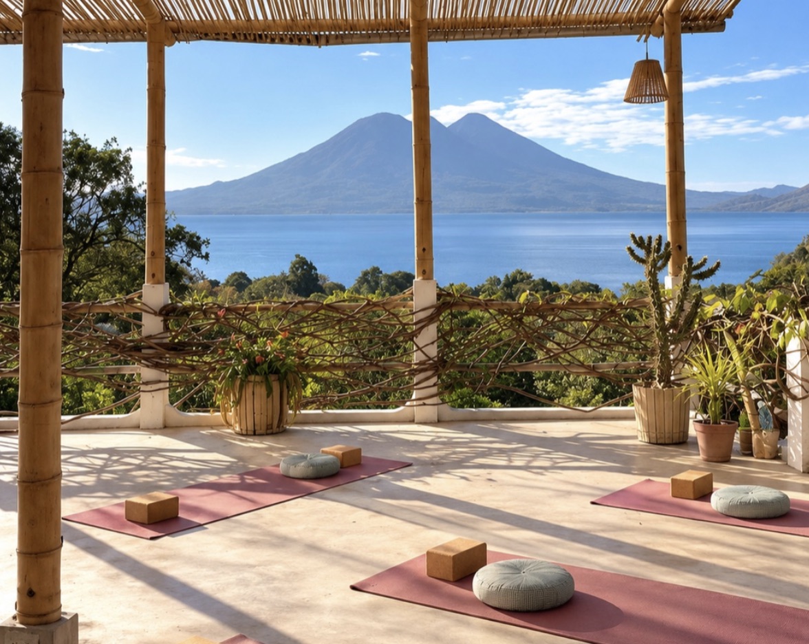 The Seed Habitat yoga shala overlooking Lake Atitlan and volcanoes